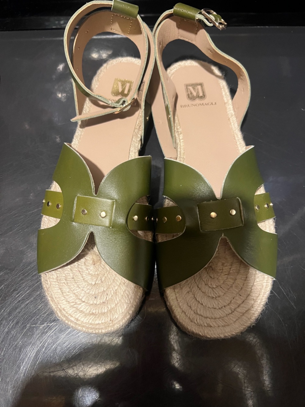 Bruno Magli Olive Green Leather Espadrille Flat Sandals (Brand New/Never worn)
